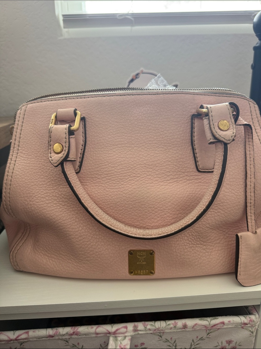 MCM Blush Pink Pebbled Leather Satchel with Gold Hardware